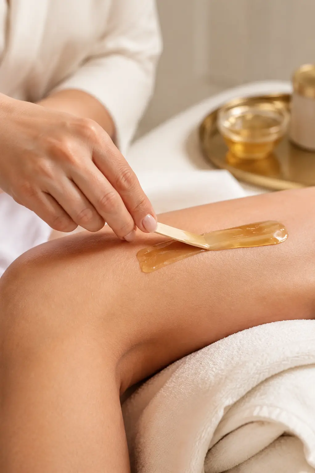 Hand spreading warm honey-coloured wax on a leg with a wooden spatula