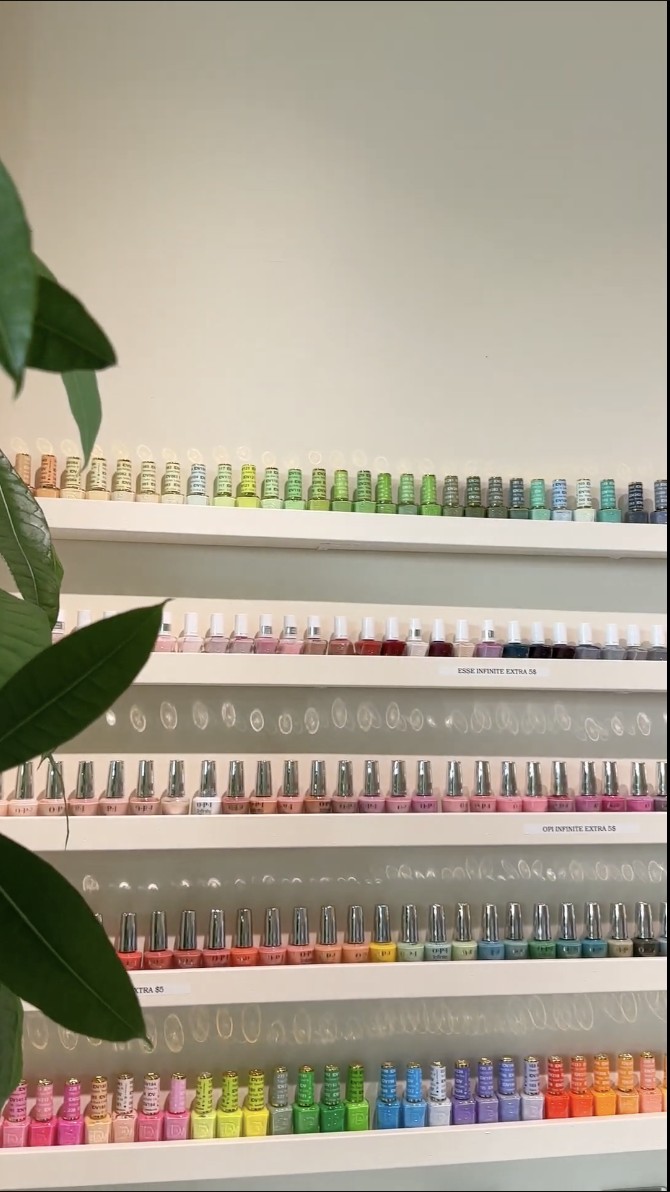 Colorful nail polish display wall at My Favorite Spot Beauty Bar