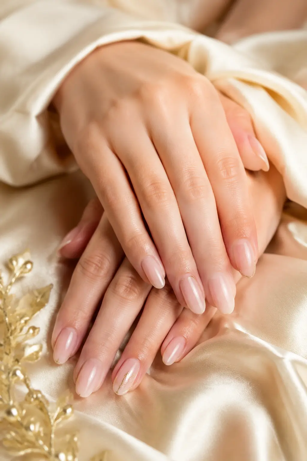 Two hands with natural nude almond nails resting on cream silk