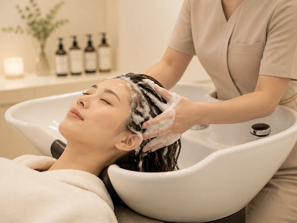 Japanese head spa scalp massage with foaming shampoo at a salon wash bowl