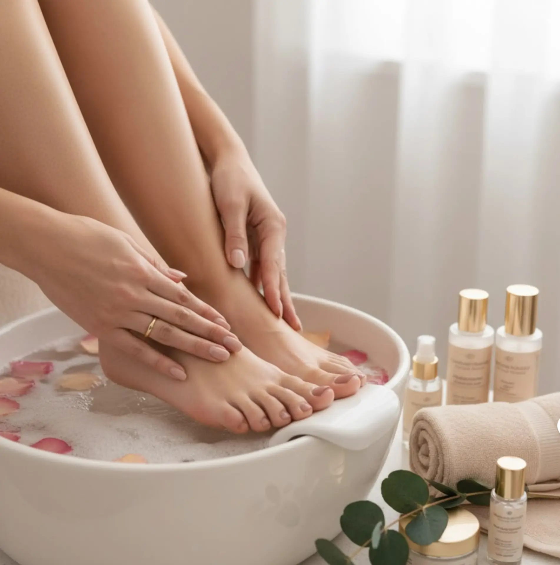 Relaxing pedicure foot soak with rose petals