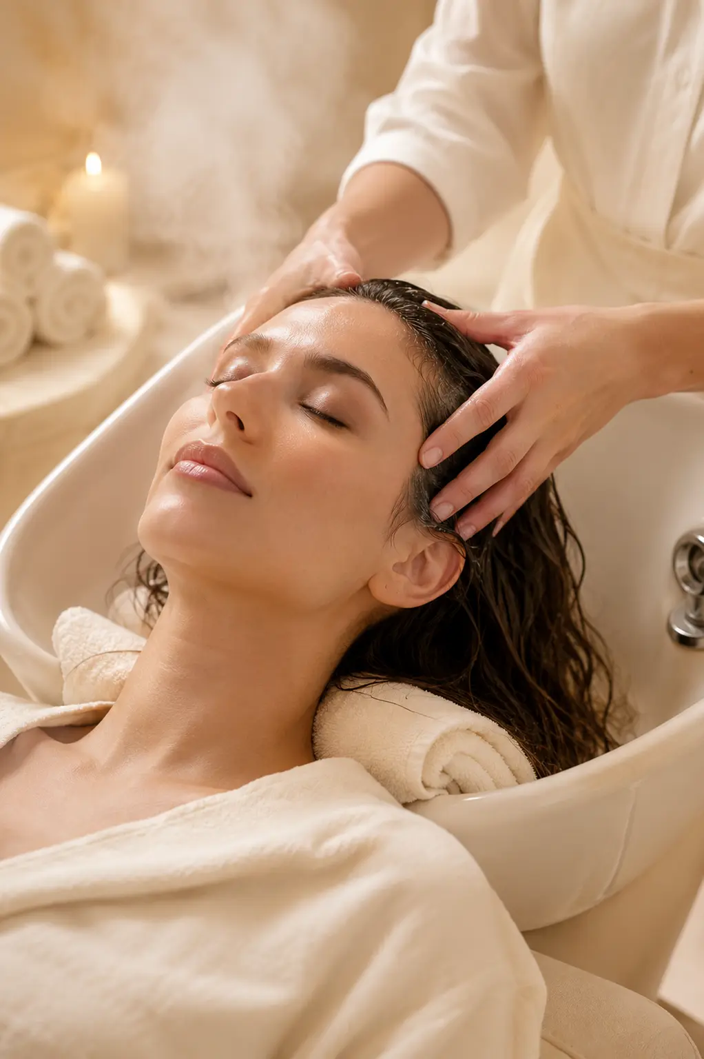 Woman having her hair washed and scalp massaged at a shampoo basin