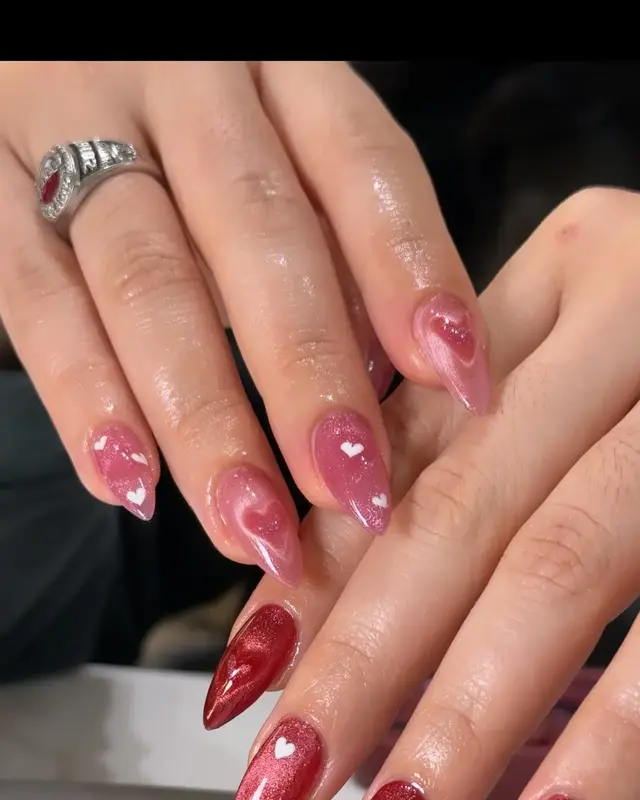 Glossy pink and deep red almond nails