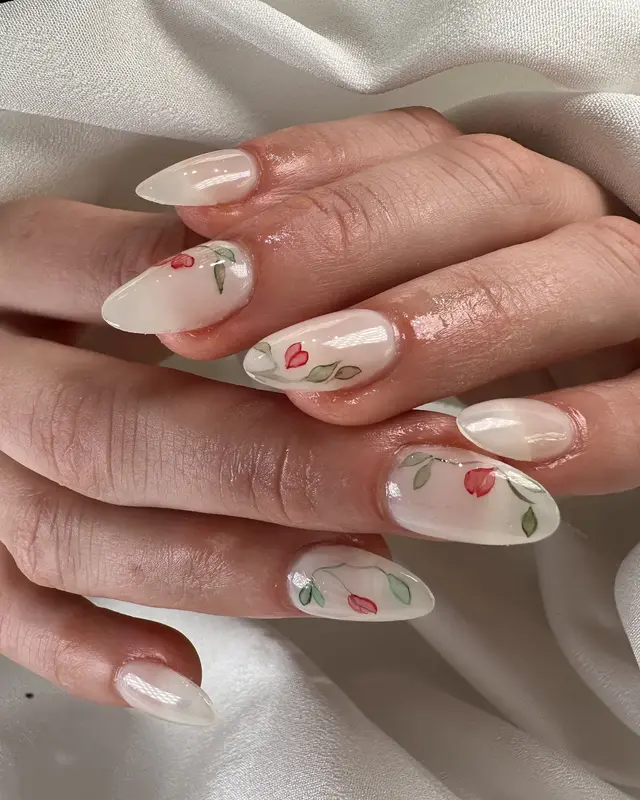 White floral almond manicure