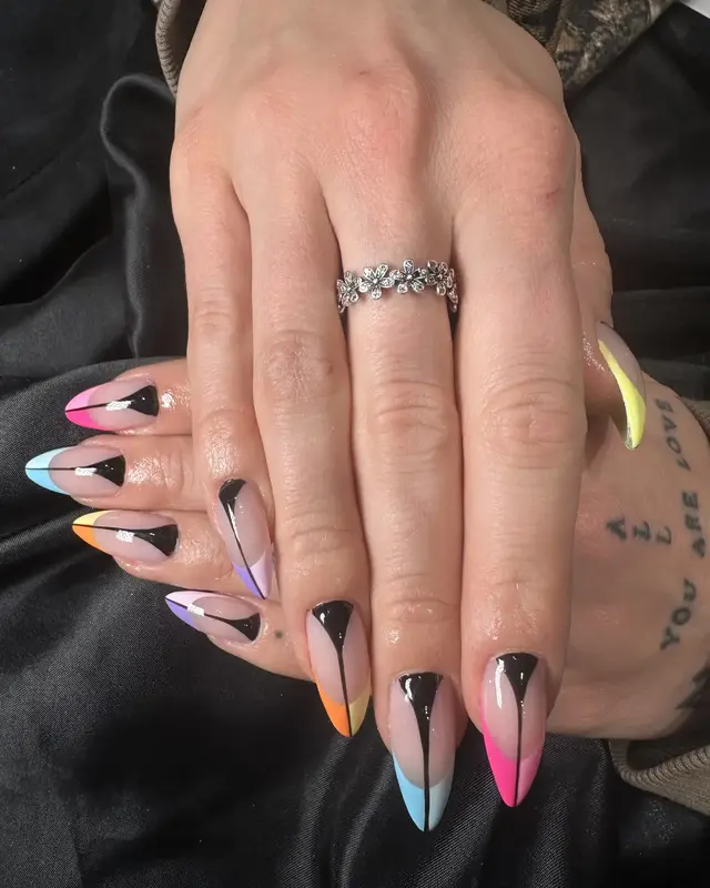 Black ombre stiletto nails with colorful tips