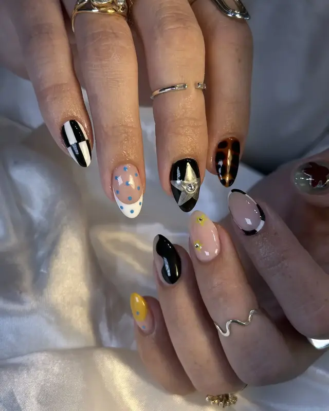 Black, gold and neutral geometric manicure