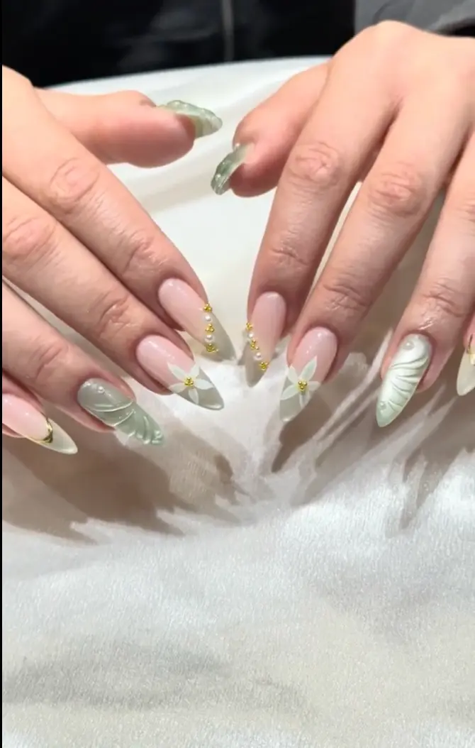 Detailed neutral and sage nail art created at My Favorite Spot Beauty Bar